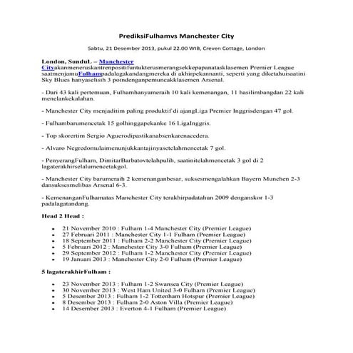 Prediksi fulham vs manchester city