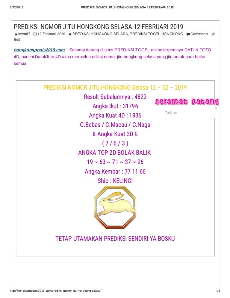 Prediksi Nomor Jitu Hongkong Selasa 12 Februari 2019
