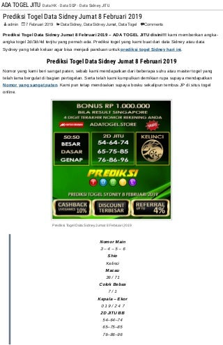 Prediksi Togel Data Sidney Jumat 8 Februari 2019