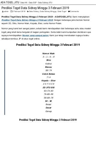 Prediksi Togel Data Sidney Minggu 3 Februari 2019
