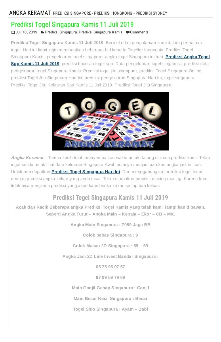 Prediksi Togel Singapura Kamis 11 Juli 2019