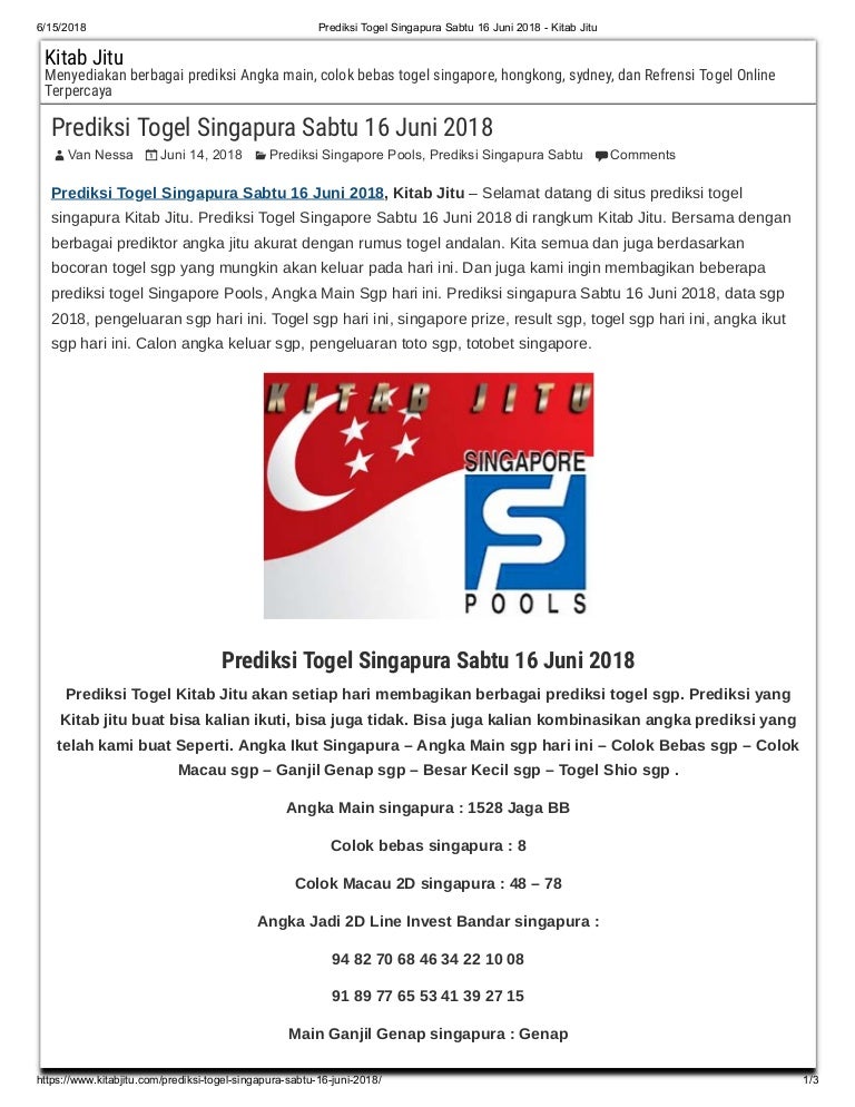 Prediksi Togel Singapura Sabtu 16 Juni 2018 Kitab Jitu
