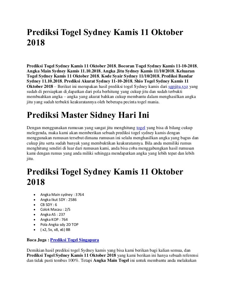 Prediksi Togel Sydney Kamis 11 Oktober 2018