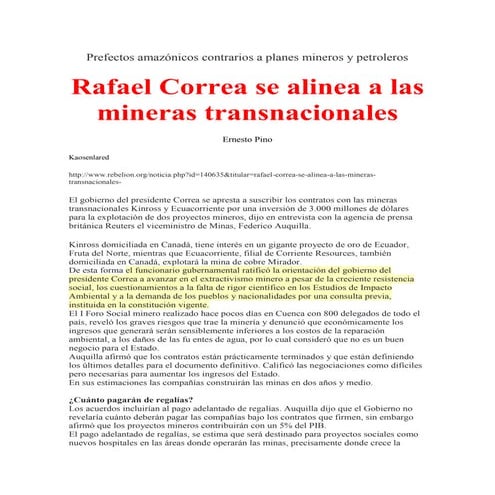 ECUADOR: Correa, el señor de las transnacionales mineras...