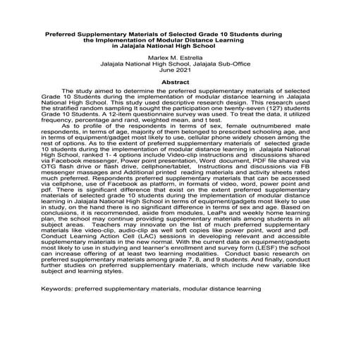 Preferred Supplementary Materials of Grade 10 Students during the Implementat...