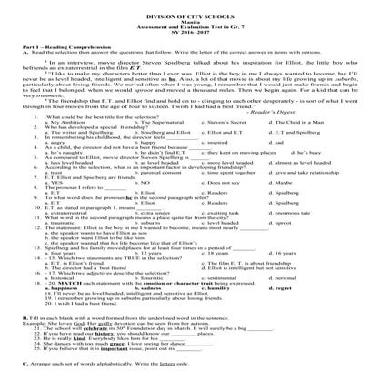 ASSESSMENT AND EVALUATION TEST ENGLISH 7