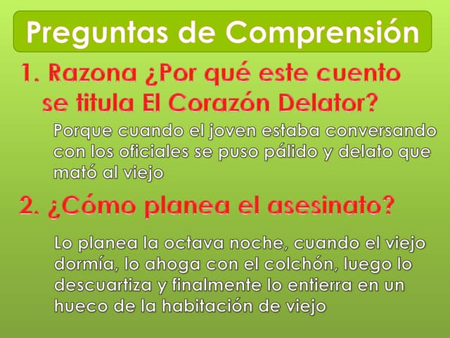 Preguntas de Comprensión Obra "El Corazón Delator". | PPTX