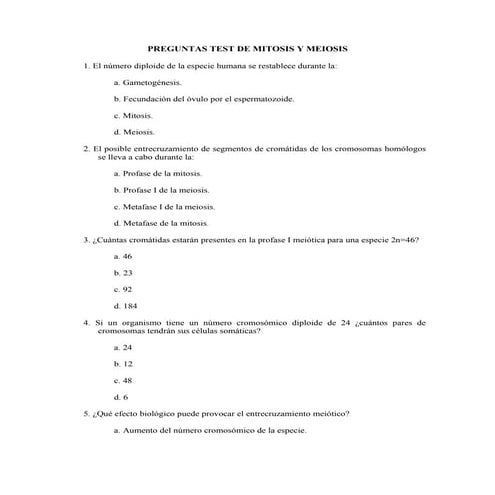 Preguntas Test De Mitosis Y Meiosis