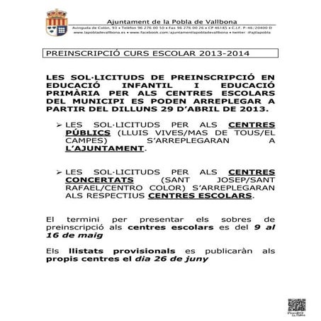 Preinscripcio curs escolar 2013 2014 la pobla de vallbona