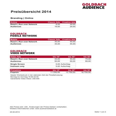 Goldbach Audience Austria | Preisübersicht 2015