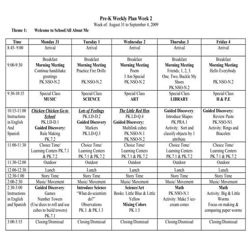 Pre K Second Week Of School | DOC