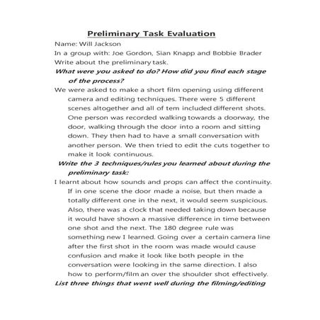 Preliminary task evaluation