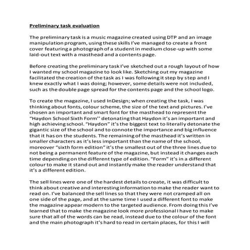 Preliminary task evaluation