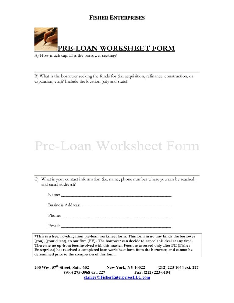 pre loan worksheet form loan worksheet
