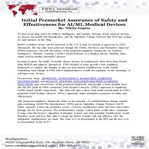 Initial Premarket Assurance of Safety and Effectiveness for AI/ML Medical Dev...