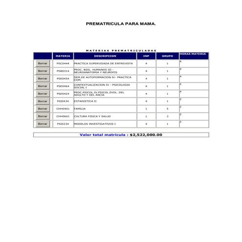 Prematricula para mama