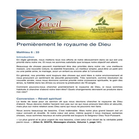 Premièrement le royaume de dieu | PDF