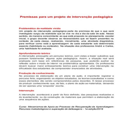 Premissas para um projeto de intervenção pedagógica