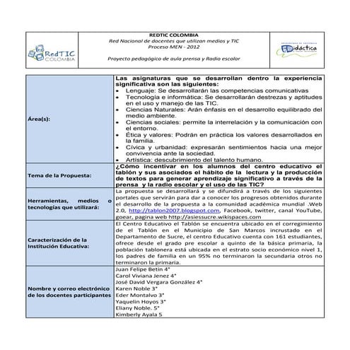 Proyecto pedagógico de aula  Prensa y radio escolar 