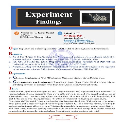 Preparation and evaluation parameters of PCM loaded pellets using Extrusion Spheronization [Experiment Findings]