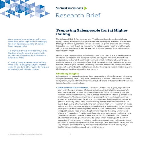 SiriusDecisions Sales Enablement Research Brief: Preparing Salespeople for (a...