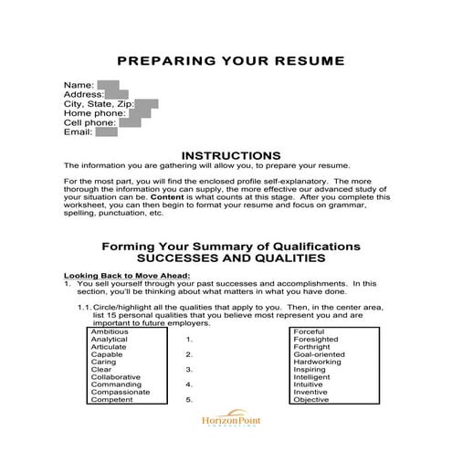 Preparing your resume worksheet