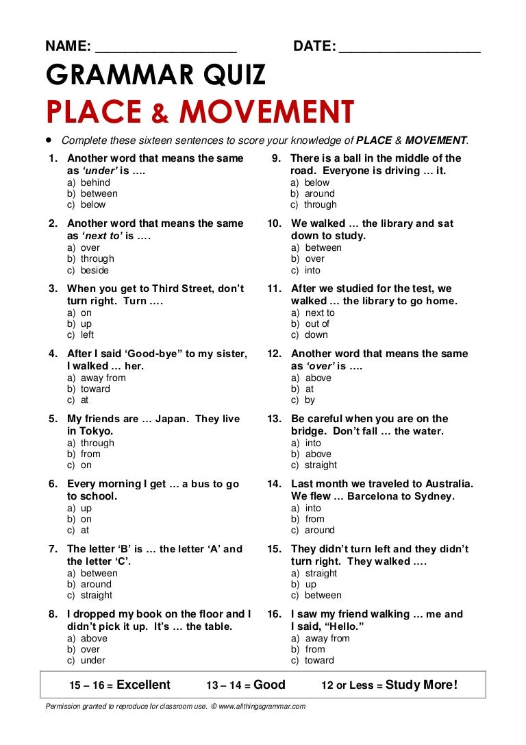free grade 1 data worksheets for movement prepplacemove quiz Preposition and of place