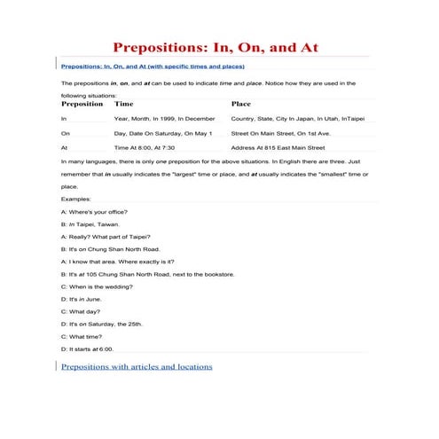 Prepositions in, on at