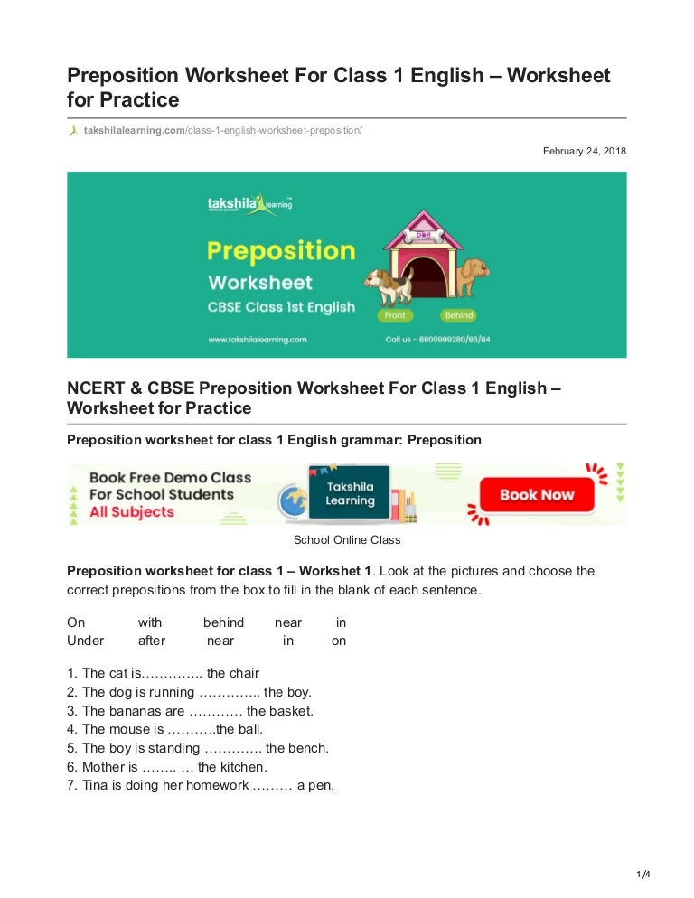 preposition worksheet for class 1 english worksheet for practice