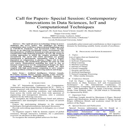 Call for Papers- Special Session: Contemporary Innovations in Data Sciences, ...
