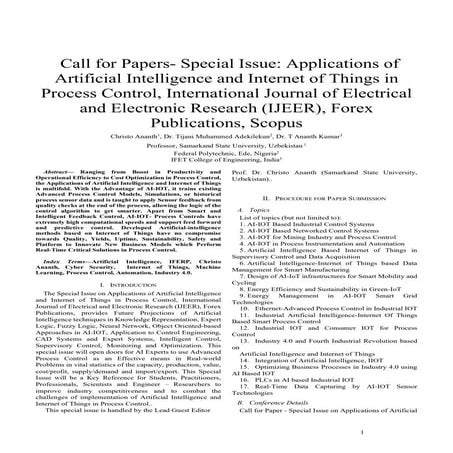 Call for Papers- Special Issue: Applications of Artificial Intelligence and I...