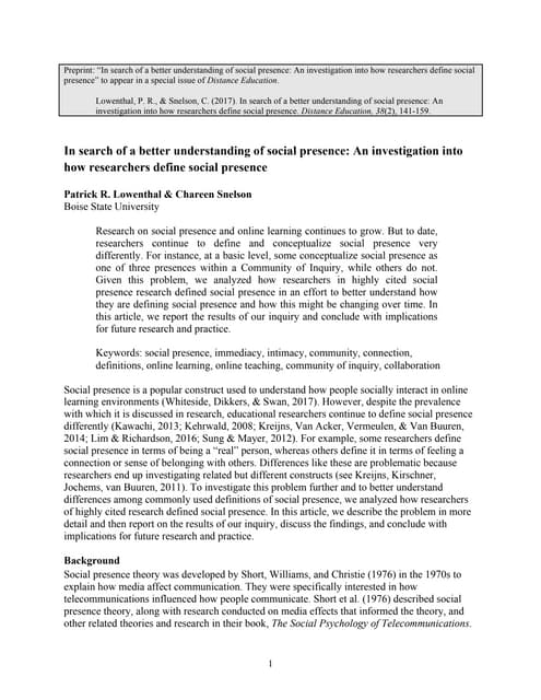 In search of a better understanding of social presence: An investigation into how researchers define social presence