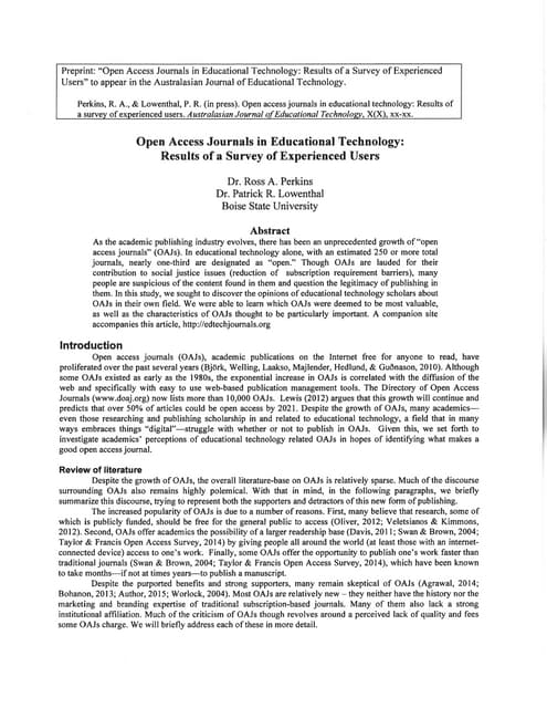 Open Access Journals in Educational Technology:  Results of a Survey of Experienced Users