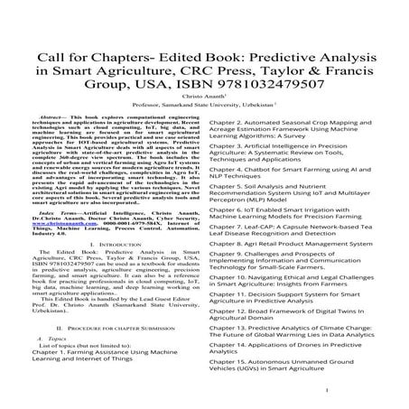 Call for Chapters- Edited Book: Predictive Analysis in Smart Agriculture, CRC...