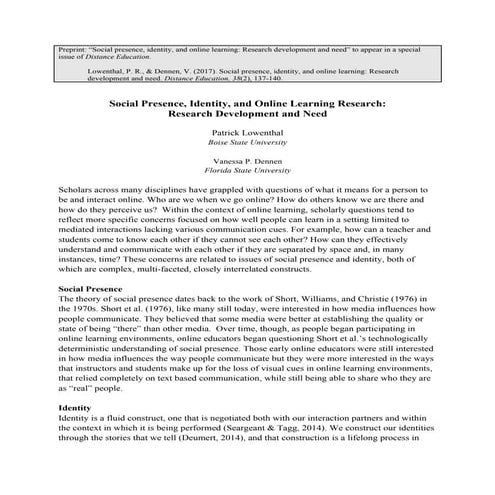 Social Presence, Identity and Online Learning