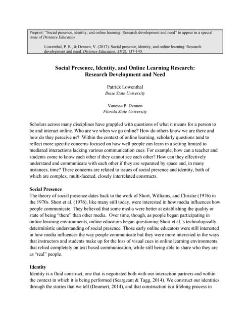 Social Presence, Identity and Online Learning