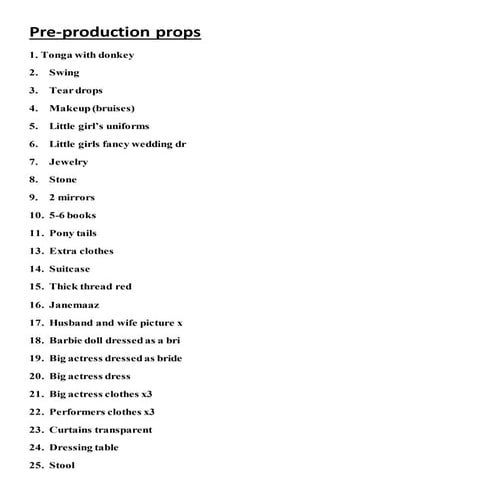Pre production prop list