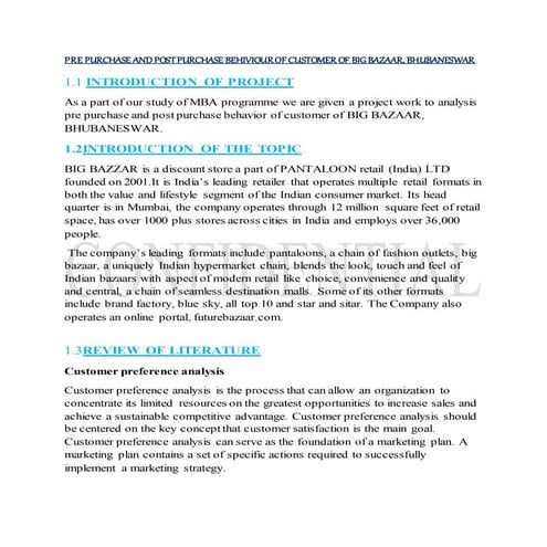 Pre purchase and post purchase behavior of costumer of big bazaar edited