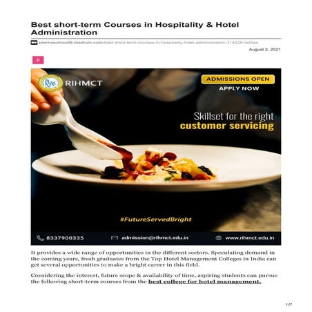 Prernasahoo09.medium.com best short-term courses in hospitality amp hotel adm...