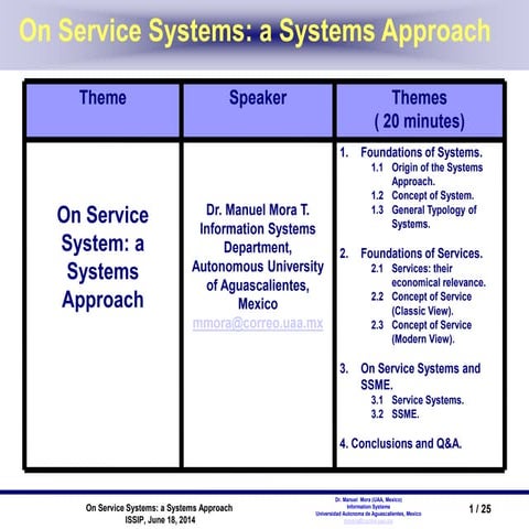 On Service Systems: a Systems Approach