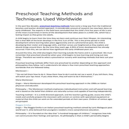 Preschool Teaching Methods and Techniques Used Worldwide | DOCX