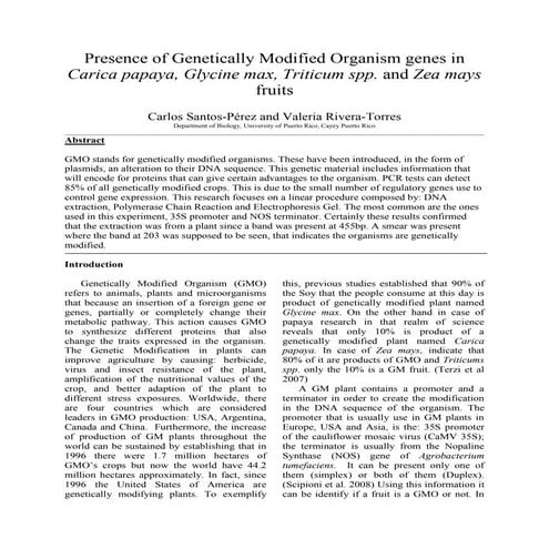 Presence of genetically modified organism genes in carica papaya, glycine max...