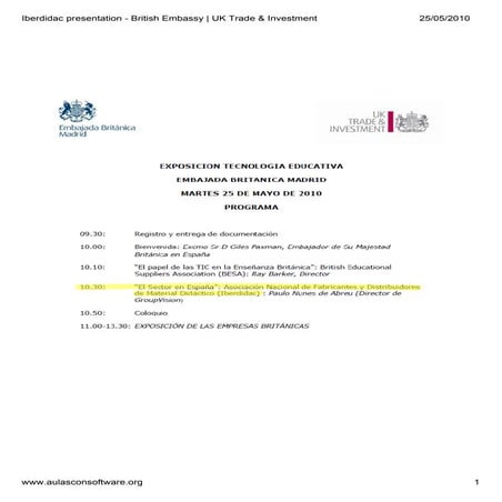 Presentation in the British Embassy in Madrid - Threats and opportunities in the governmental program "Escuela 2.0"