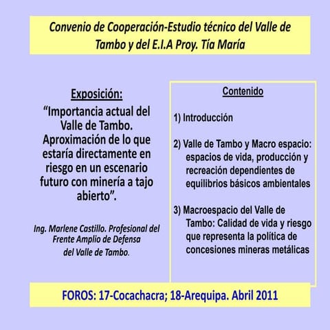 Valle de Tambo: importancia actual, aproximación a lo que estaría en riesgo e...