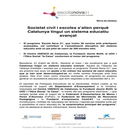 Presentació premsa escola nova 21