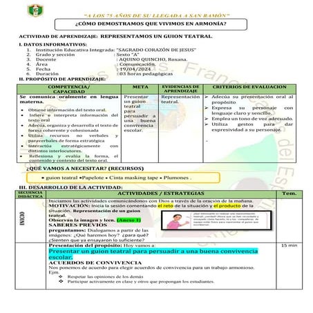 Sesión de aprendizaje sobre presentamos un guion teatral.