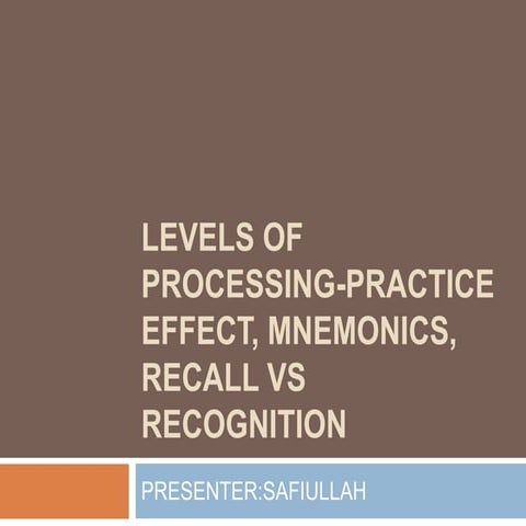 Levels Of Processing-Practice Effect, Mnemonics, Recall VS Recognition