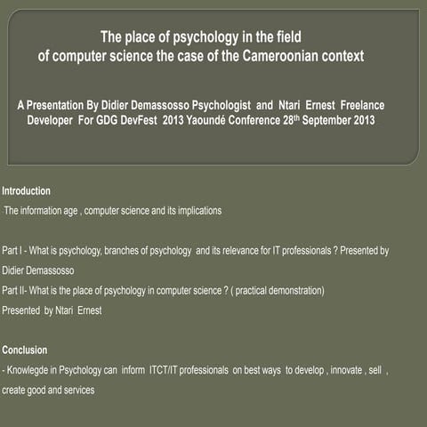 Apport de la psychologie dans les sciences informatiques -Devfest Yde 2013