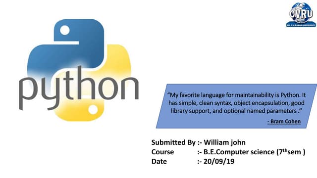Presentation on python | PPTX | Programming Languages | Computing