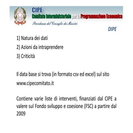 Open Data sulle assegnazioni effettuate da Cipe